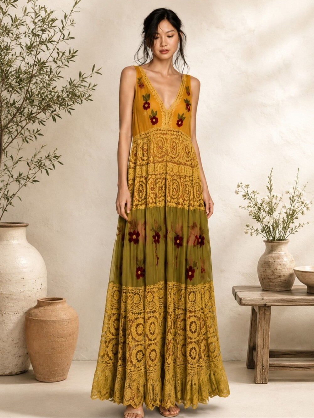 Boho Lace Embroidered Maxi Dress Vintage Inspired Crochet Boutique